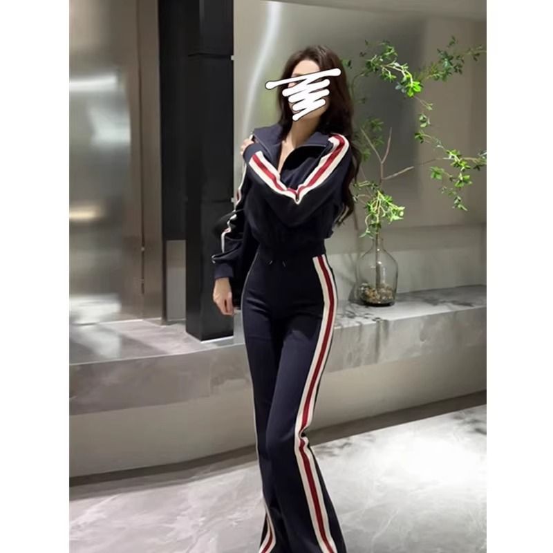 High-End Fashion Sports Suit for Women, Spring & Fall Korean Style Stripesd Stitching Stand-Up Collar Jacket, High-Waisted Wide-Leg Pants Two-Piece Set