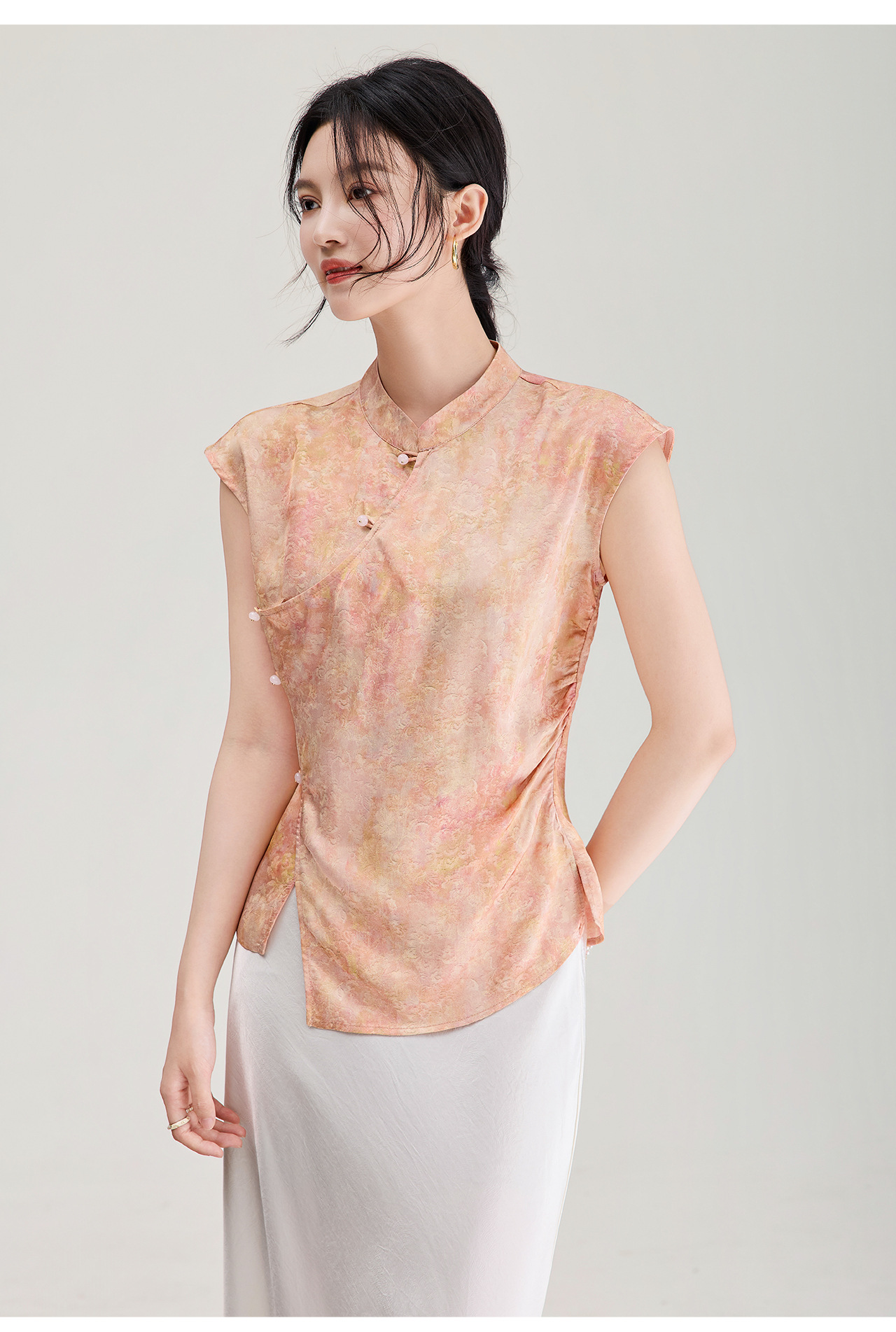 Áo vest không tay nữ kiểu Trung Quốc mới, chất lụa Jacquard nhuộm chìm, tà áo chéo, mặc mùa hè — màu xanh nhạt chi tiết 27