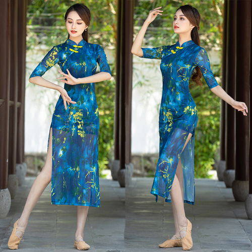 Classical dance cheongsam training suit for women, ethereal square dance modern dance performance dress, chiffon body training suit