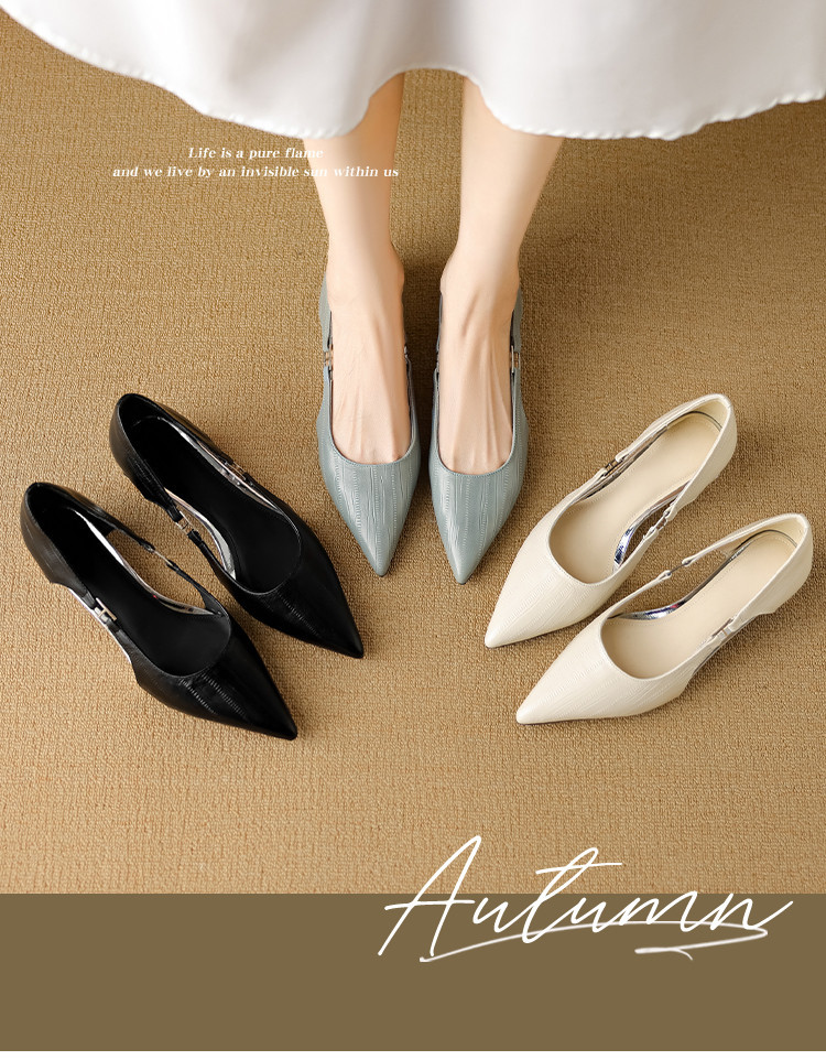 Sandal nữ da cừu mũi nhọn kín mũi gót cao kiểu Pháp — đen, Màu trắng nhạt, xanh xám chi tiết 1