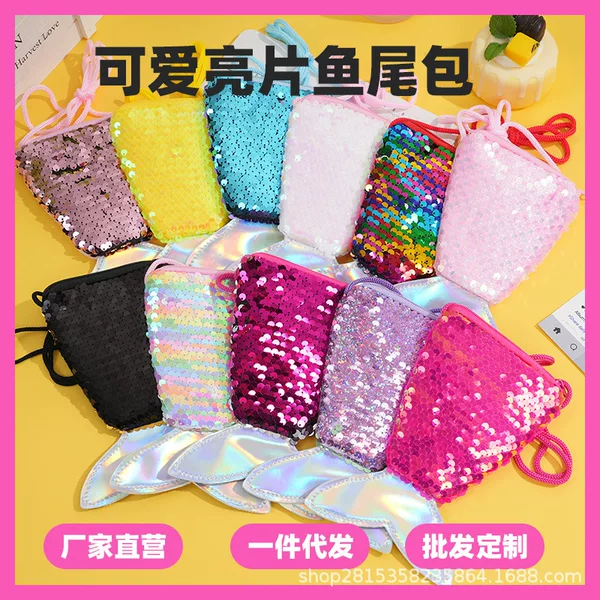New Style Sequined Fish Tail Children's Coin Purse Mermaid Lanyard Coin Bag Cute Fashionable Zipper Earphone Bag