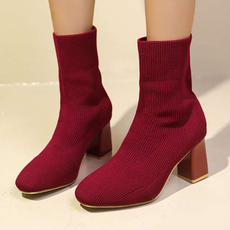 Short Boots for Women 2025 Spring & Fall New Style Thick Heel Square Toe Boots High Heels Elastic Slim Socks Boots Single Boots
