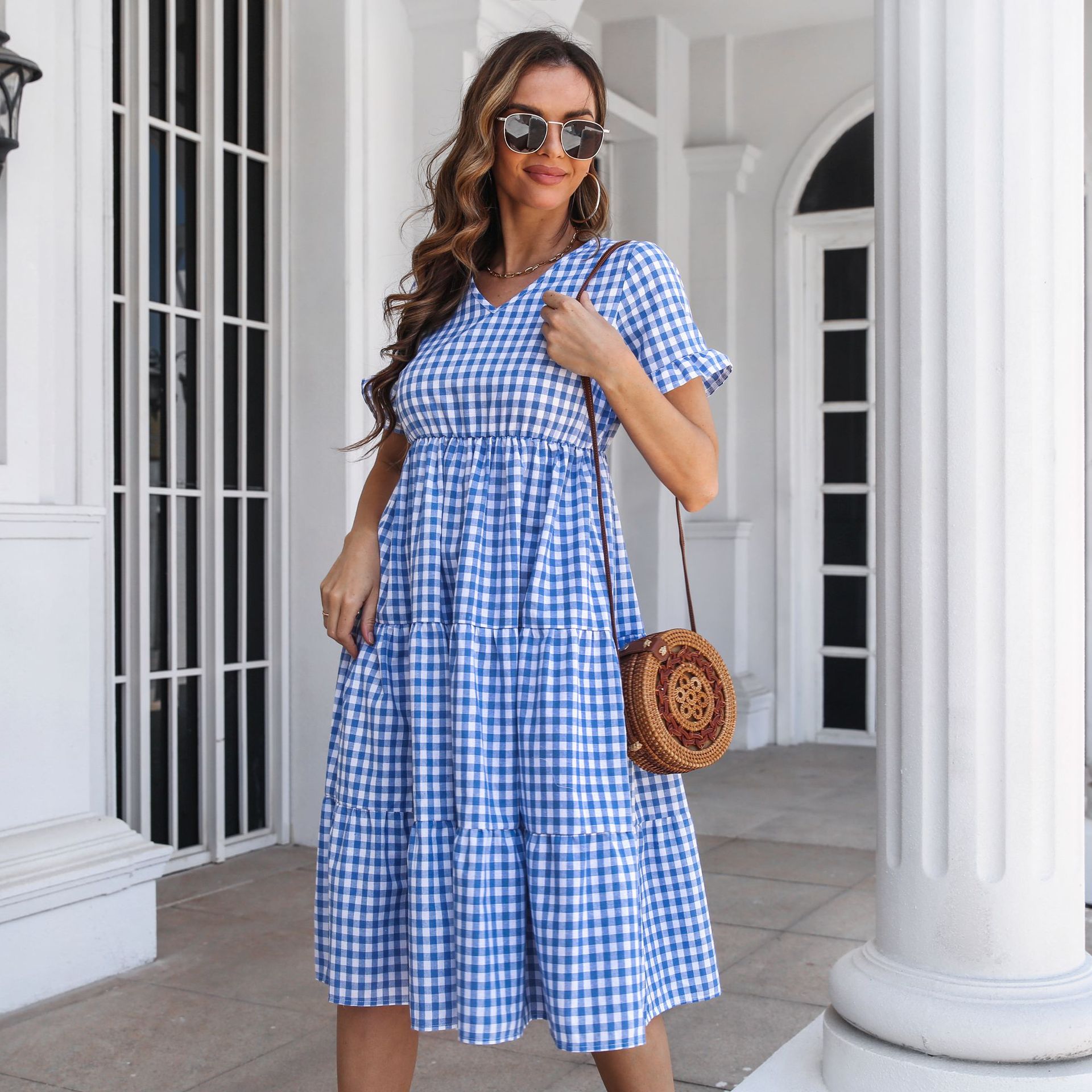 V Neck Neckline Loose Version Wholesale Women'S Casual Plaid Daily V Neck Short Sleeve Swing Dress