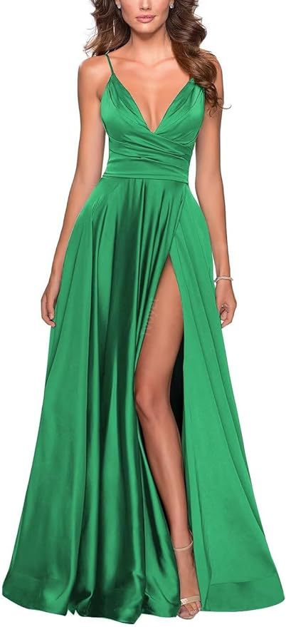 Elegante vestido de fiesta largo con cuello en V dividido, plisado de dama de honor de gasa larga, vestido formal, vestido de noche de satén