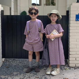6535棉拉架儿童套装男女童夏条纹短袖短裤女童T恤裙宝宝兄妹装