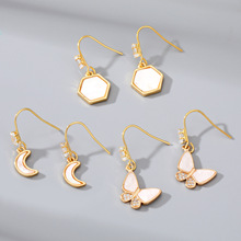 韩国跨境饰品气质仿天然白贝耳钩树脂六边形蝴蝶精致小耳环耳坠女