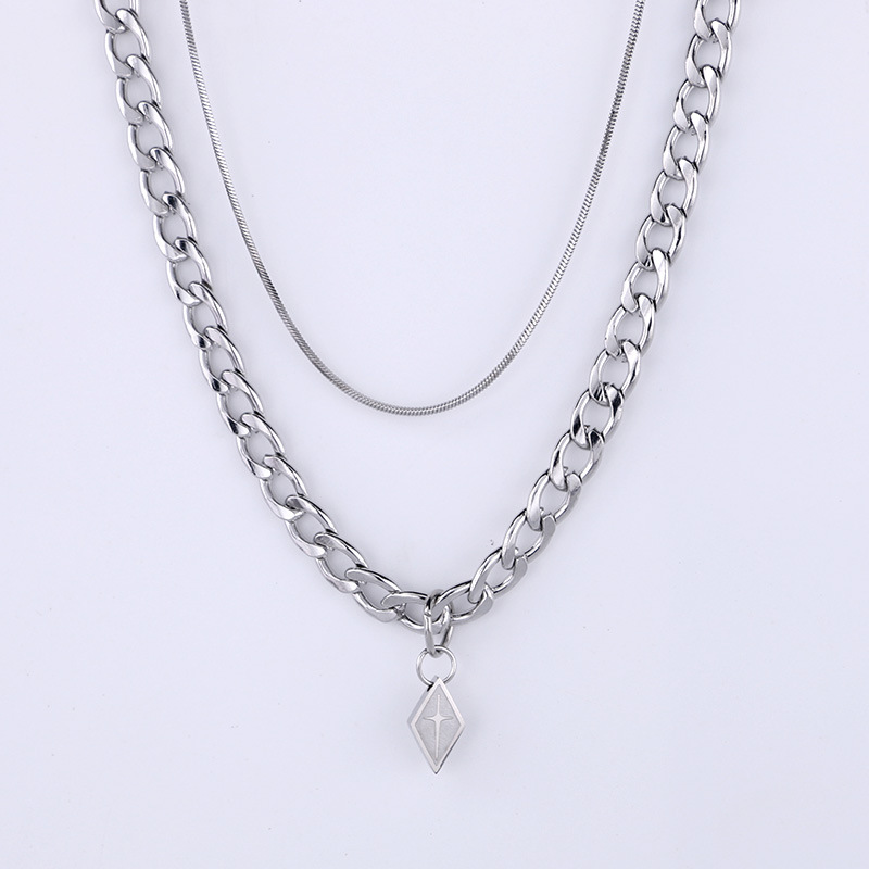 Nicely Designed Titanium Steel Necklace With Men's Trendy Hip-hop Chain Splicing Necklace, Personalized And Cool Style, Double-layer Collarbone Chain_voghion.com