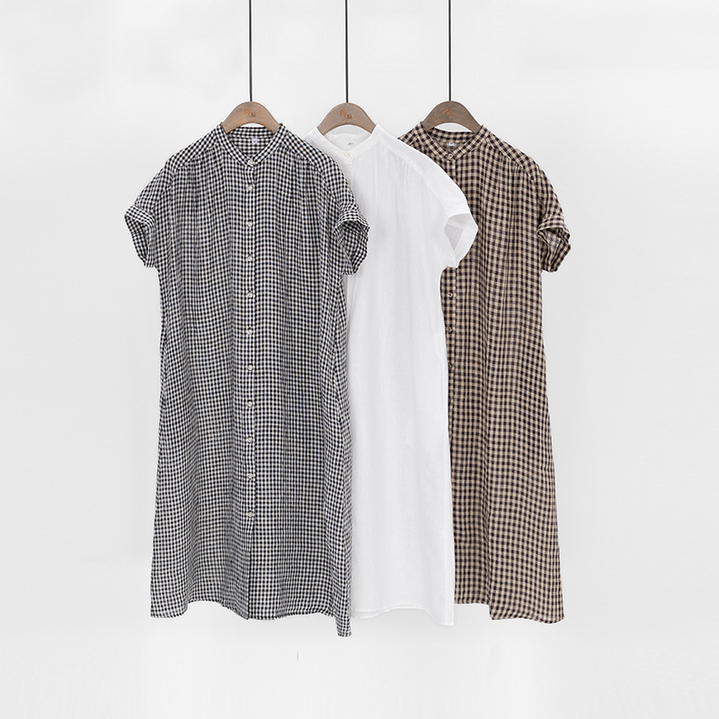 Summer Linen Dress Retro Stand Collar Literary Style Versatile Slimming Mid-Length Stand Collar Skirt