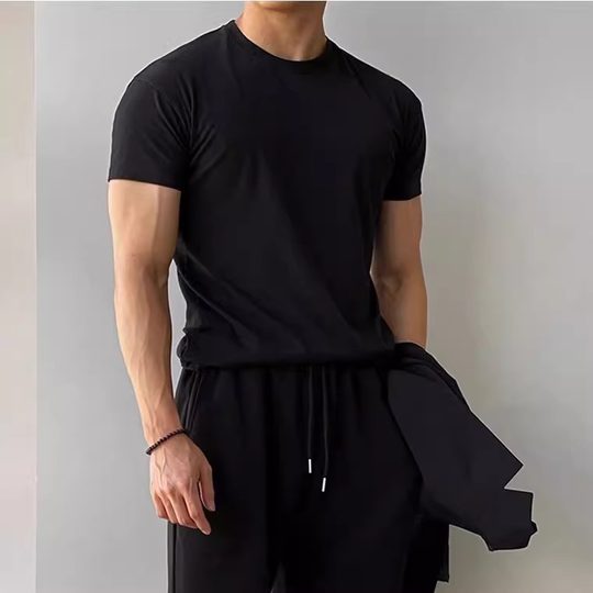 Pure Cotton Summer Solid Color Slim-fit Short-sleeved T-shirt Men's New Breathable Casual Sports Fitness Crewneck Base Shirt Trendy