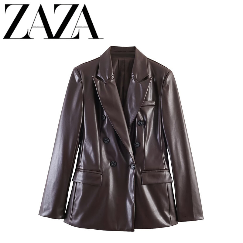 Zaza Self-Made European and American Style Wholesale Women's Clothing, Fashionable and Versatile, Cross-Border Double-Breasted Faux Leather Blazer Zaza Self-Made European and American Style Wholesale Women's Clothing, Fashionable and Versatile, Cross-Border Double-Breasted Faux Leather Blazer