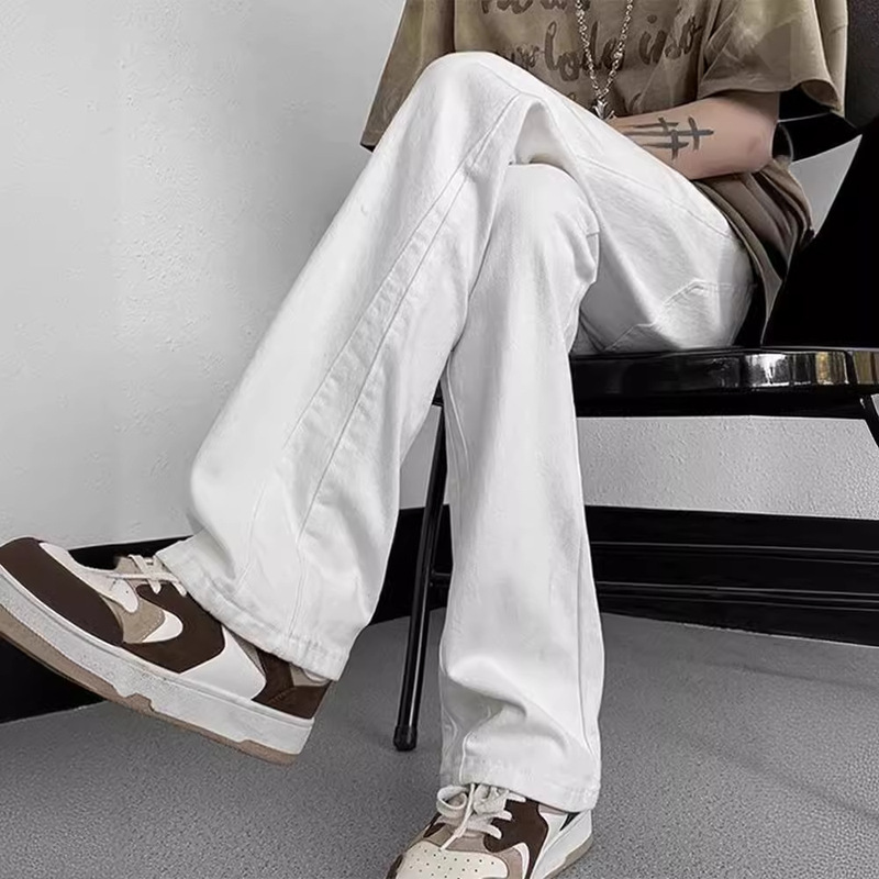 White Micro-Lar Jeans Men's American Style Trendy Brand High Street cIeanfit Solid Color All-match Slim-fit Straight Casual Trousers