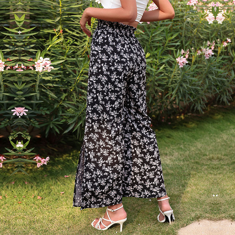 Printed Black High Waist Slit Flared Pants_voghion.com