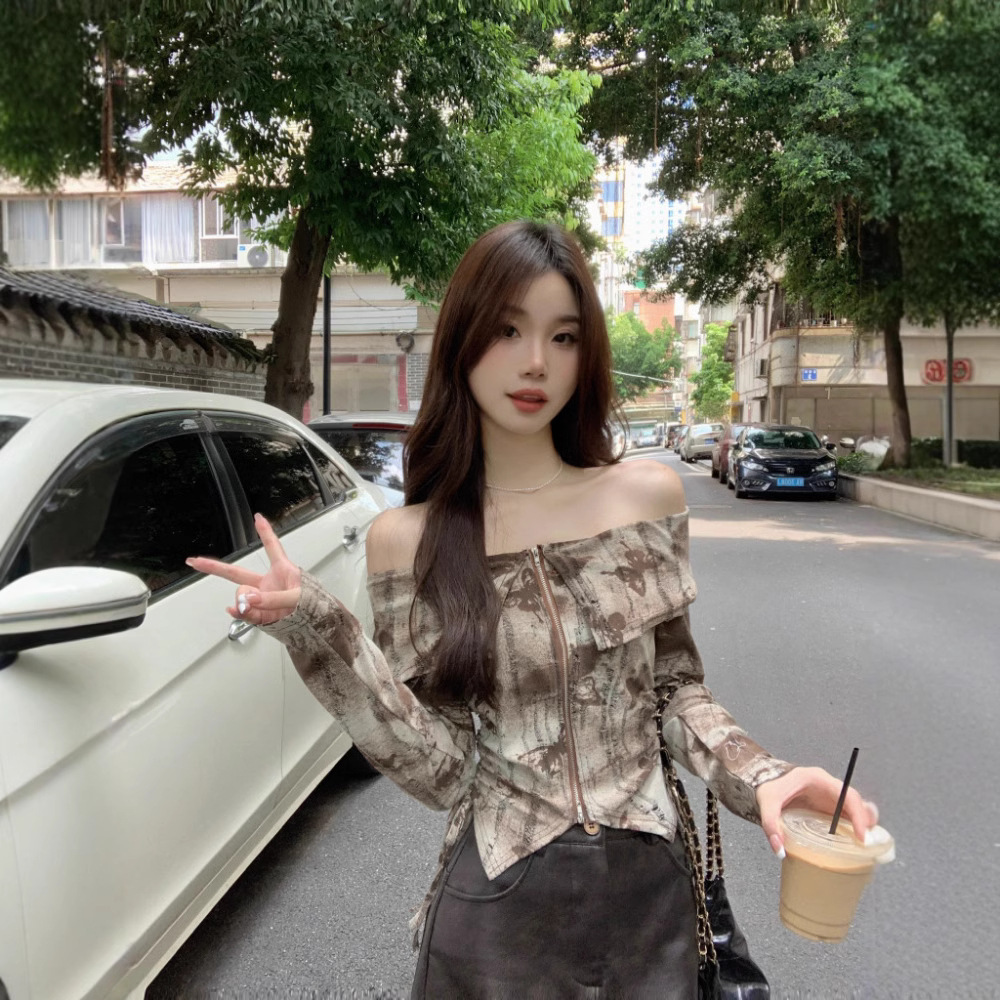 나비 구멍 지퍼 짧은 오프 숄더 셔츠 여성용 가방 가을과 겨울 넥타이 염색 오프 숄더 슬림 드로 스트링 탑 도매
