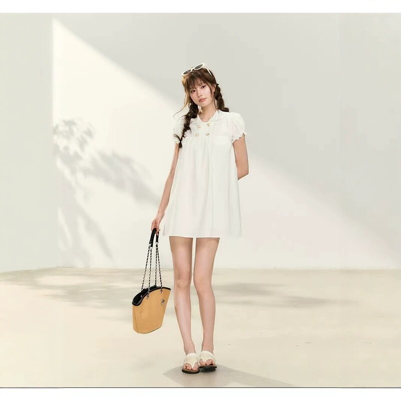 POPWEST |   Double-breasted puff sleeve, straight shoulder, slim fit, lace short skirt, doll collar shirt dress 4240