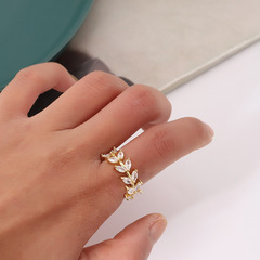 2022 New Arrival Fashion Copper Open Finger Ring with Leaf Diamond Setting, Han Style Jewelry, Chen Mi Accessories, Wholesale