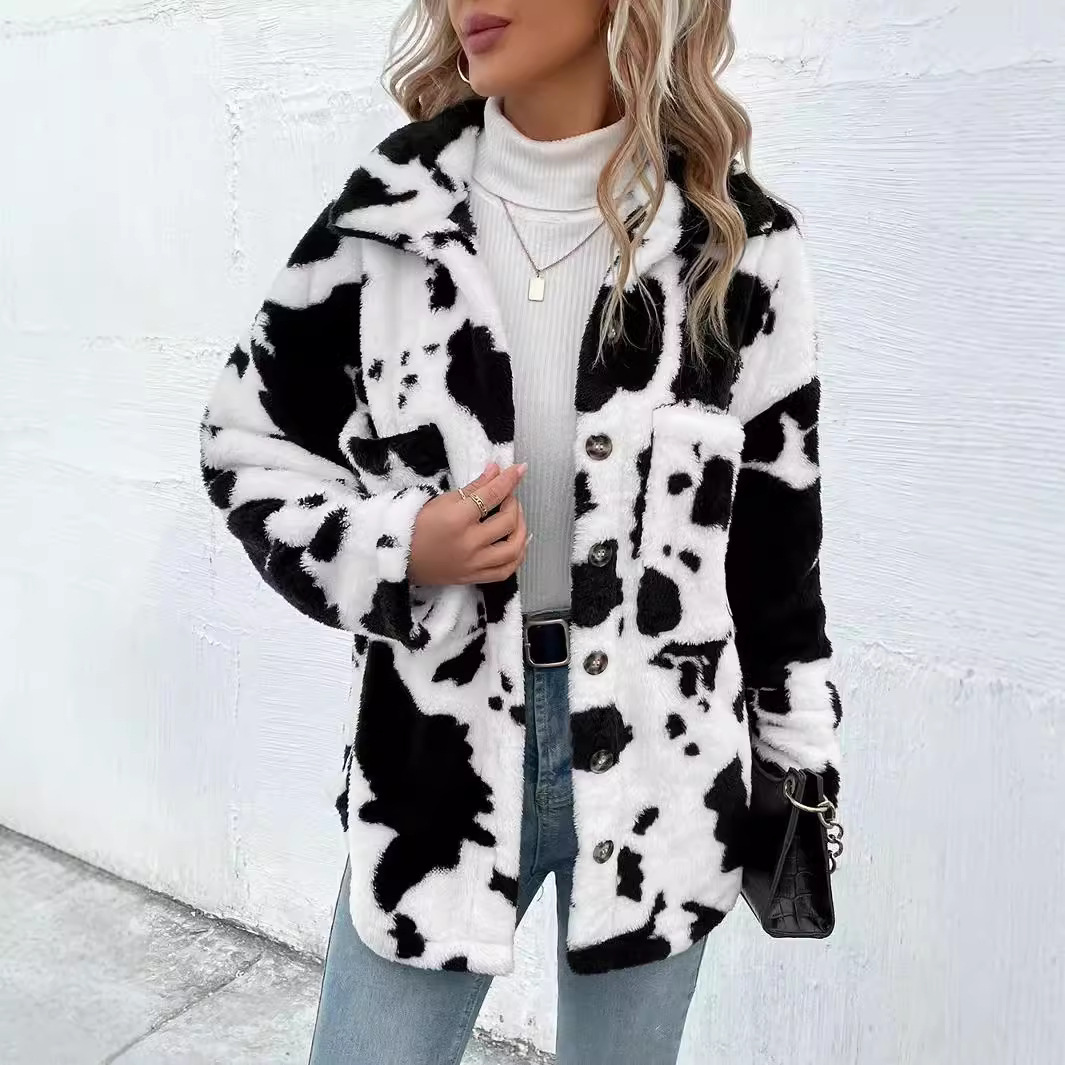 Women's Clothing hot selling double sided plush cow pattern pocket top coat hot_voghion.com