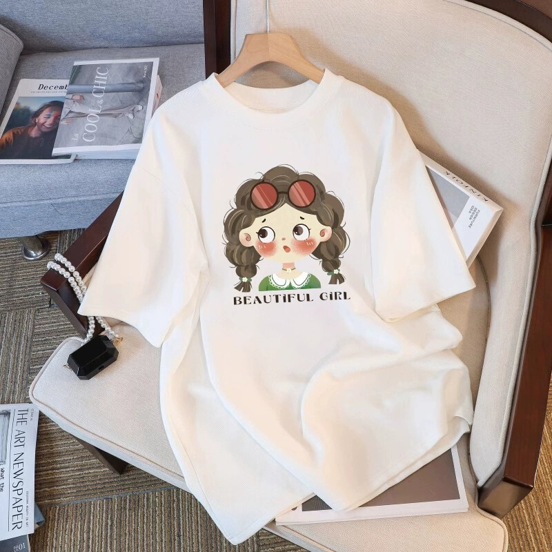 Cartoon Printed Short-sleeved T-shirt Women's White Pure Cotton Summer 2025 New Loose plus size Design Sense T-shirt Top
