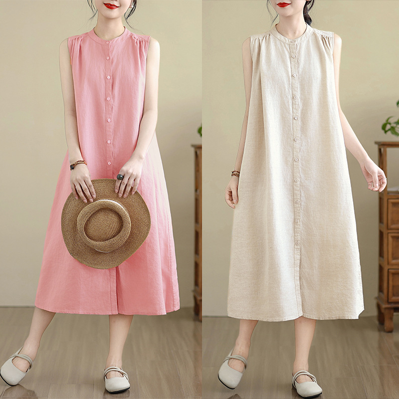 2025 Pure Linen Dress Sleeveless Multi-Pleated Design Long Artistic Simple Shirt Cotton and Linen Dress