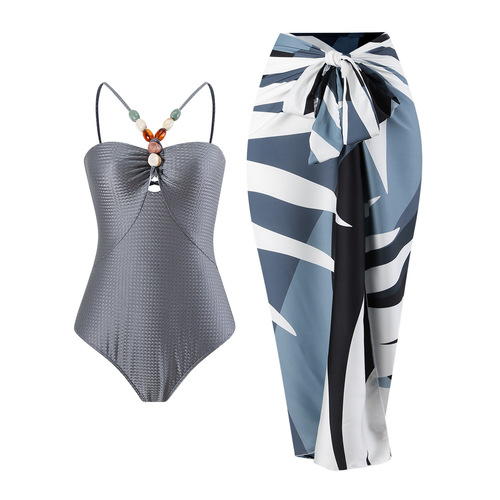 2024 European and American Women's One-Piece Swimsuit Multicolor Mesh Diamond Strap French Two-Piece Long Dress Bikini