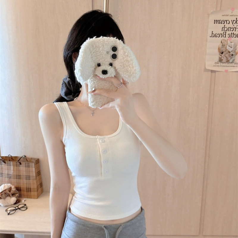 8817 # Early Autumn New Brushed U-Neck Button Wide Shoulder Strap Vest for Women, Slim Fit, Fixed Strap, Chest Pad, Versatile