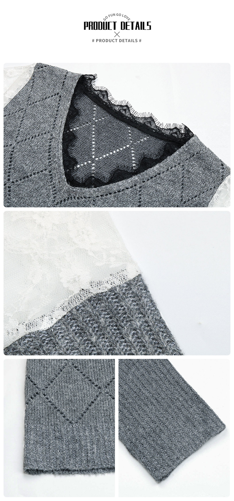Maglione pullover con scollo a V e cuciture in pizzo tinta unita_voghion.com