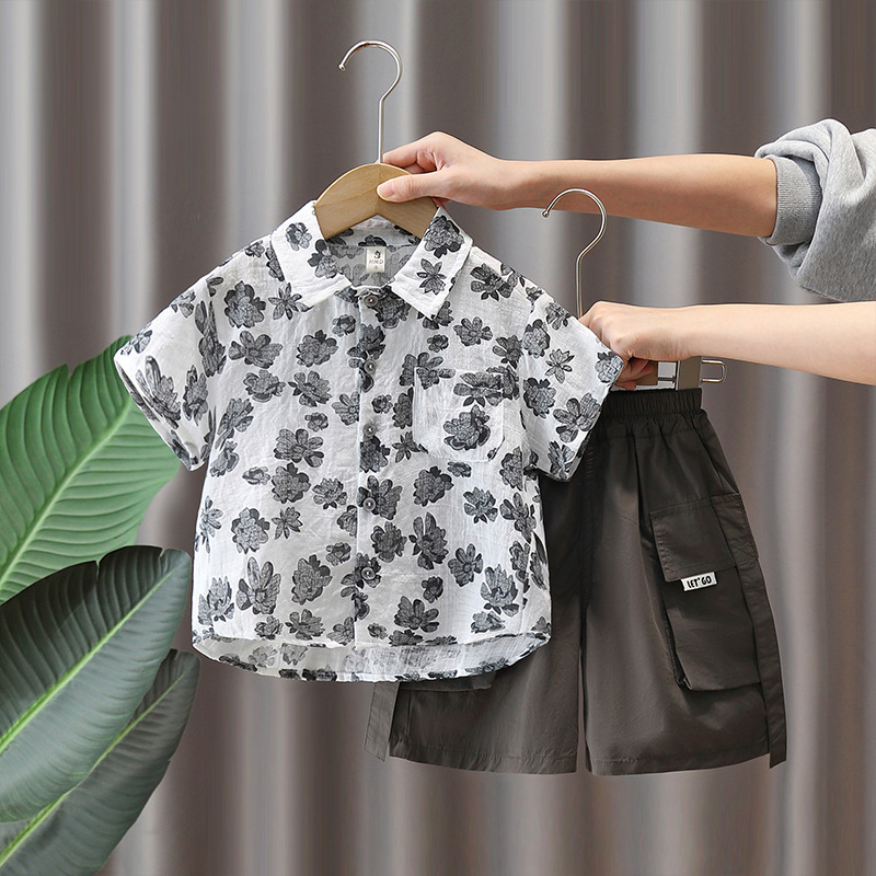 Conjunto de Verano para Niños 7319, Camisa Floral de Manga Corta y Pantalones Cortos, Modelo 2026, Conjunto de Dos Piezas Ligero para Niños