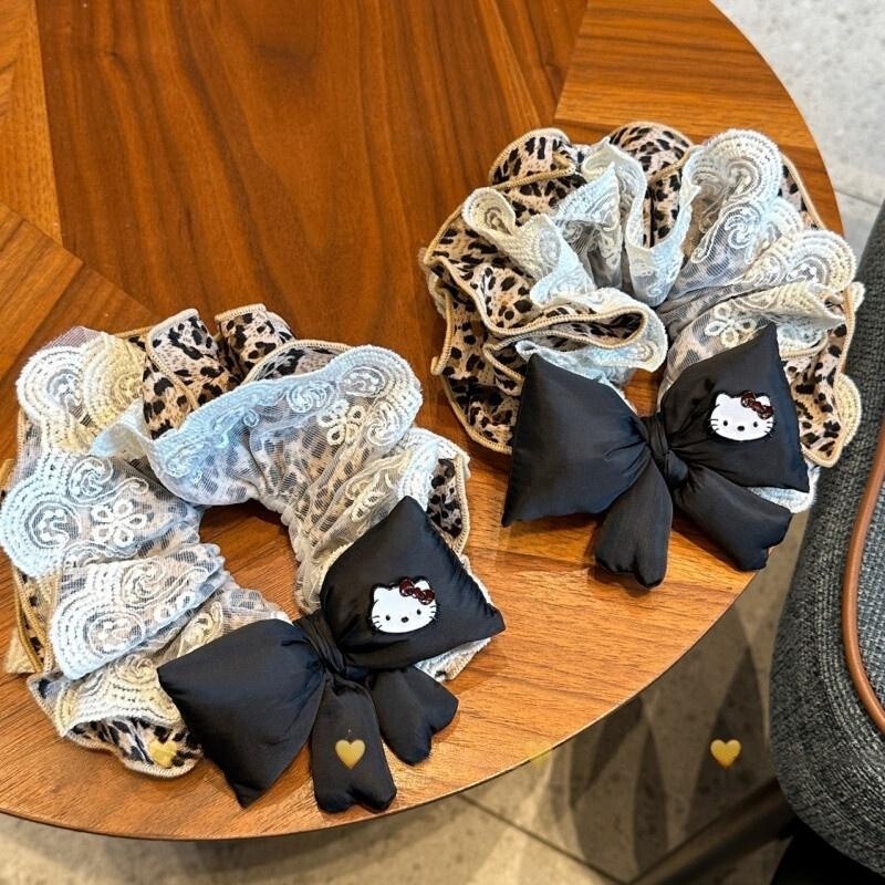 Sweet and cool style leopard print lace scrunchie with double-layer design to enhance hair volume, bow hair tie for bun hairstyles Sweet and cool style leopard print lace scrunchie with double-layer design to enhance hair volume, bow hair tie for bun hairstyles