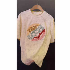 2025夏季美人头手工编织男士圆领针织短袖雪花炒色破洞半袖男t恤