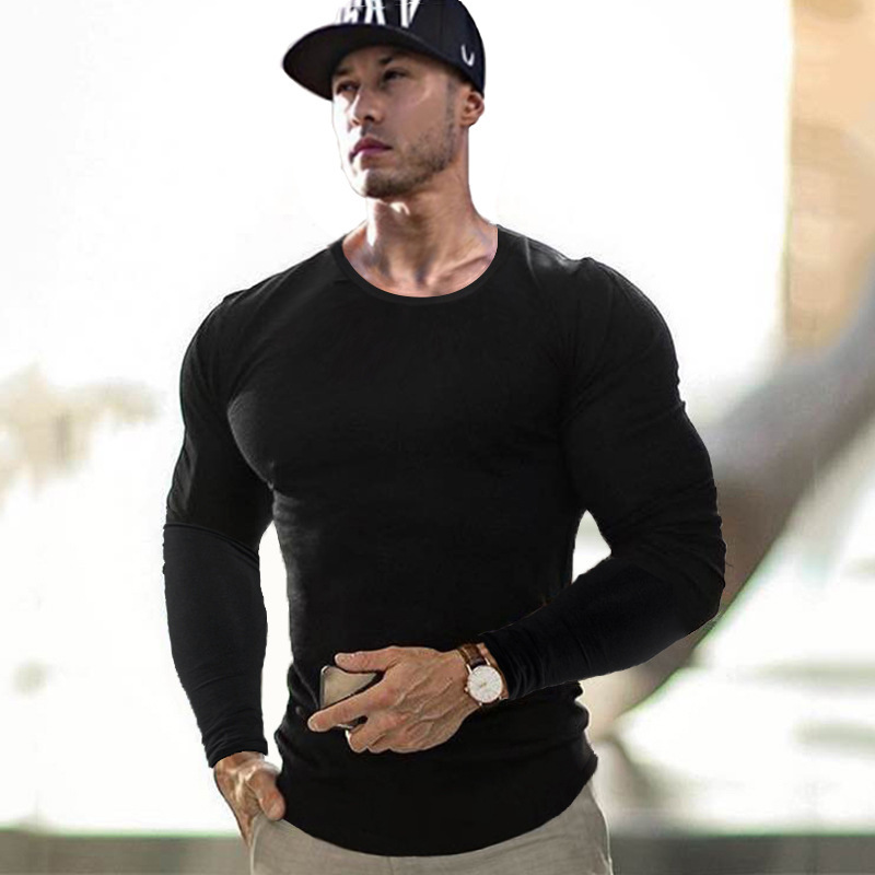 Camiseta deportiva ajustada de algod贸n para hombres musculosos, manga larga cuello redondo, transpirable y delgada, fitness y running