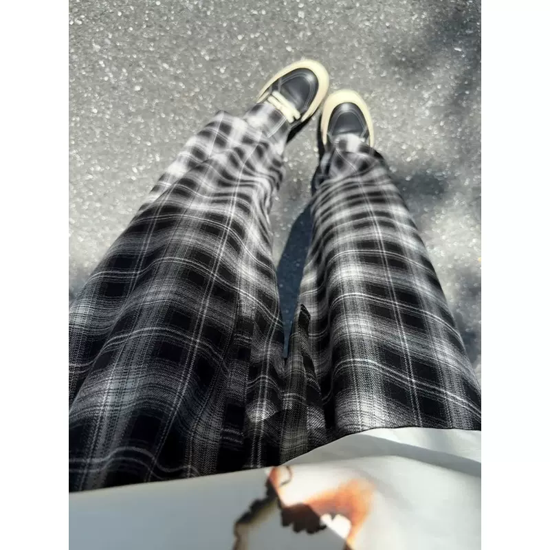 秋季美式棋盘格卫裤男秋季高街小众设计感直筒阔腿休闲长裤子