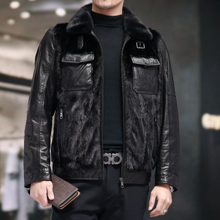 Haining Genuine Leather Coat Men's Whole Mink Mink Coat Short Down Jacket Goat Leather Jacket Fur Coat