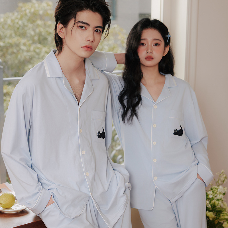 Cute Black Cat Spring and Autum Blue Lycra Cotton Couple Men and Women Antibacterial and Anti-Mite Long-Sleeved Home Clothes Set