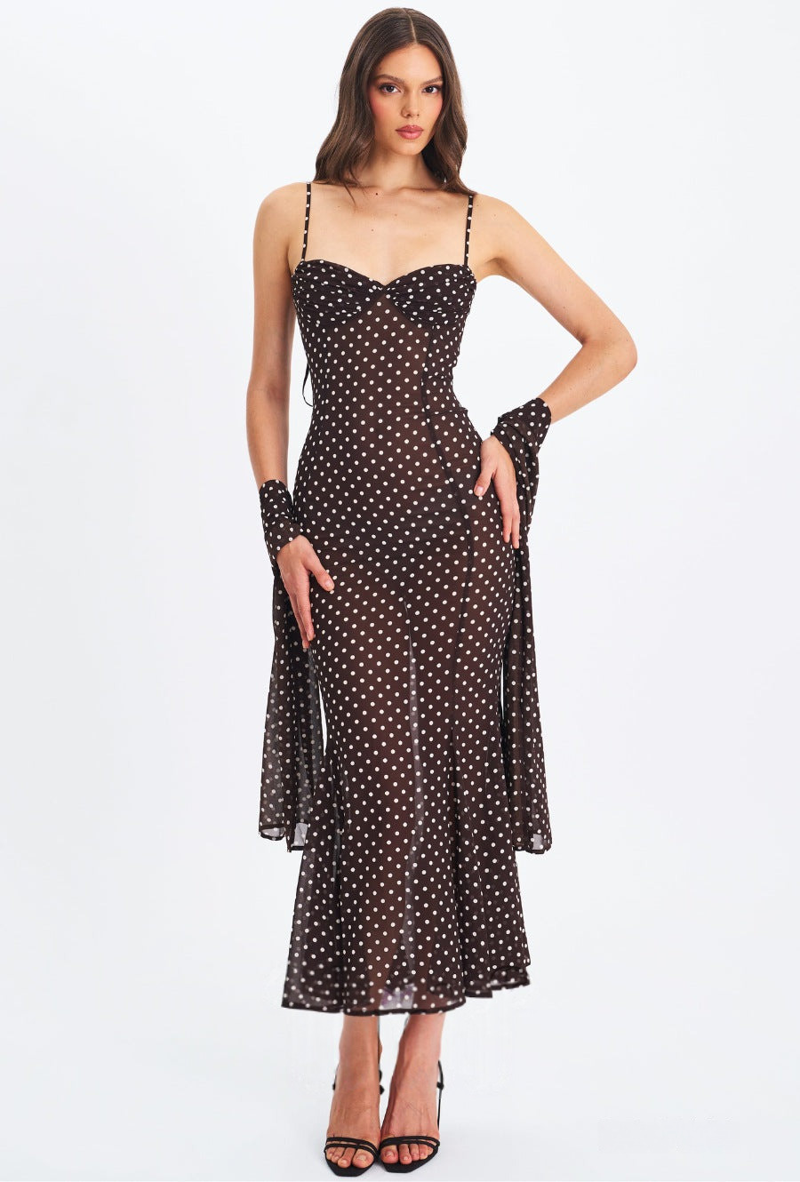 Women Elegant Spaghetti Strap Polka Dot Print Backless Dress Stylish Scarf Decor Slimming Party Vacation Dress_ecoleips.com