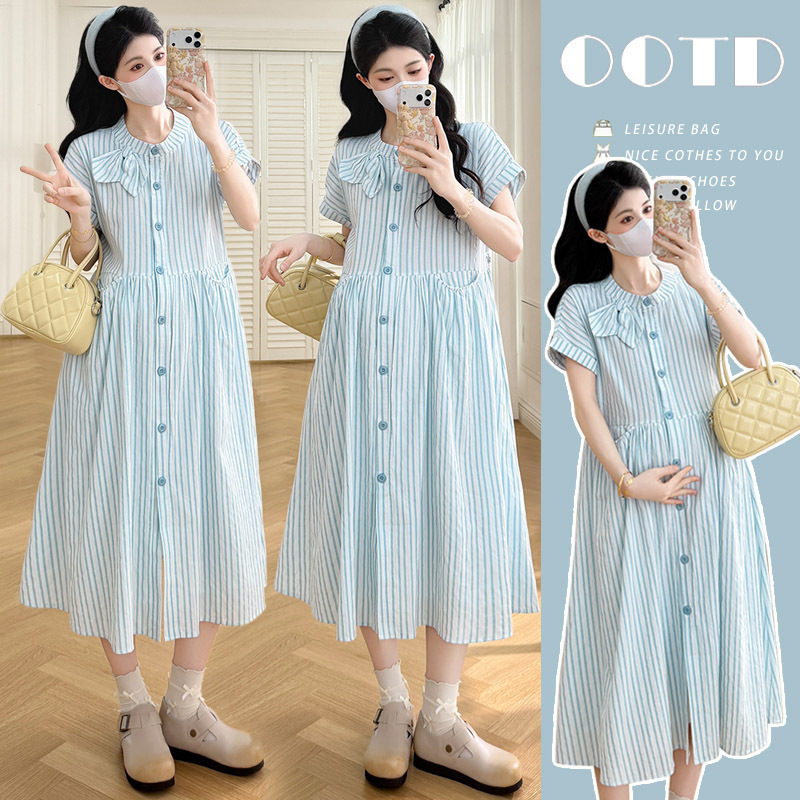 2026 Summer New Style Fresh and Sweet Striped Blue and White Jacquard Bow Dress