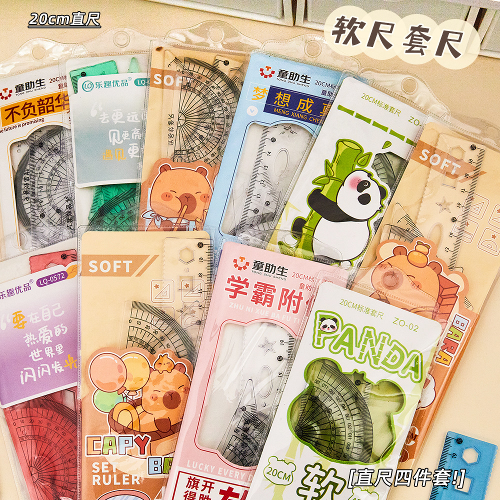 Transparente suave regla traje de dibujos animados lindo estudiante aprendizaje triángulo transportador regla papelería suave conjunto regla al por mayor