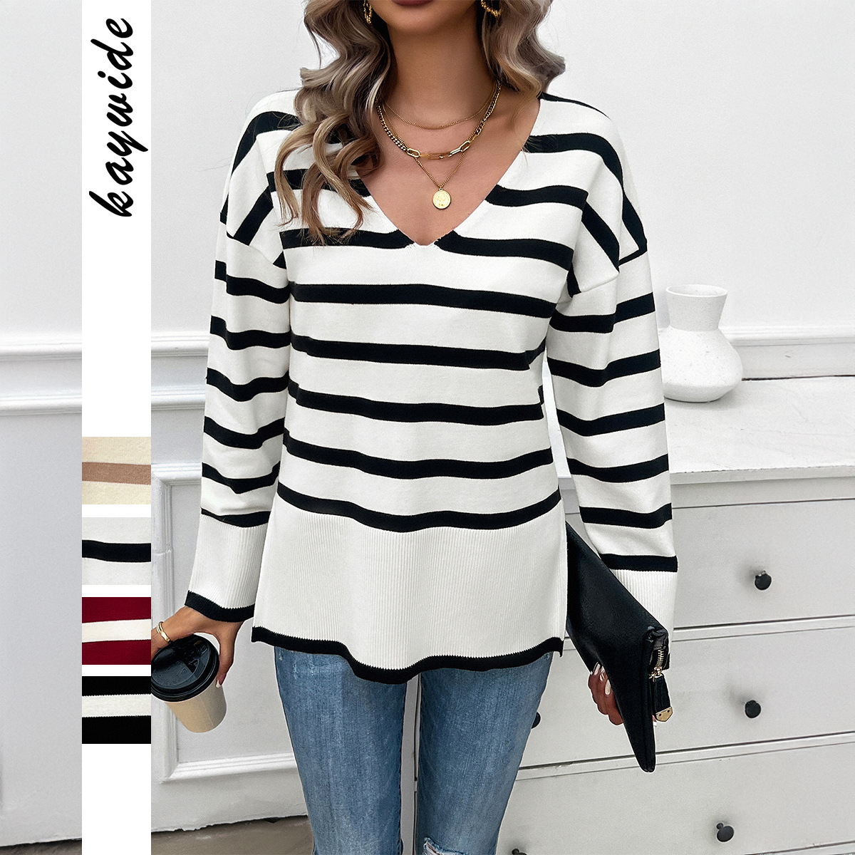 Kaikuo2024 otoño y invierno temperamento europeo y americano relajado doble color rayas contrastantes color de cuello en V suéter de manga larga ropa de mujer transfronteriza