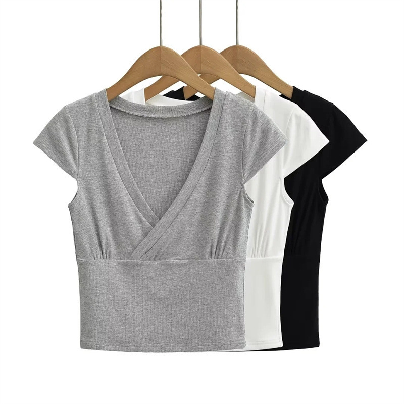 Pure Spice Girls Stacked Cross Deep V-neck Short-sleeve Base T-shirt Summer New Sexy Slim-fit Short Top