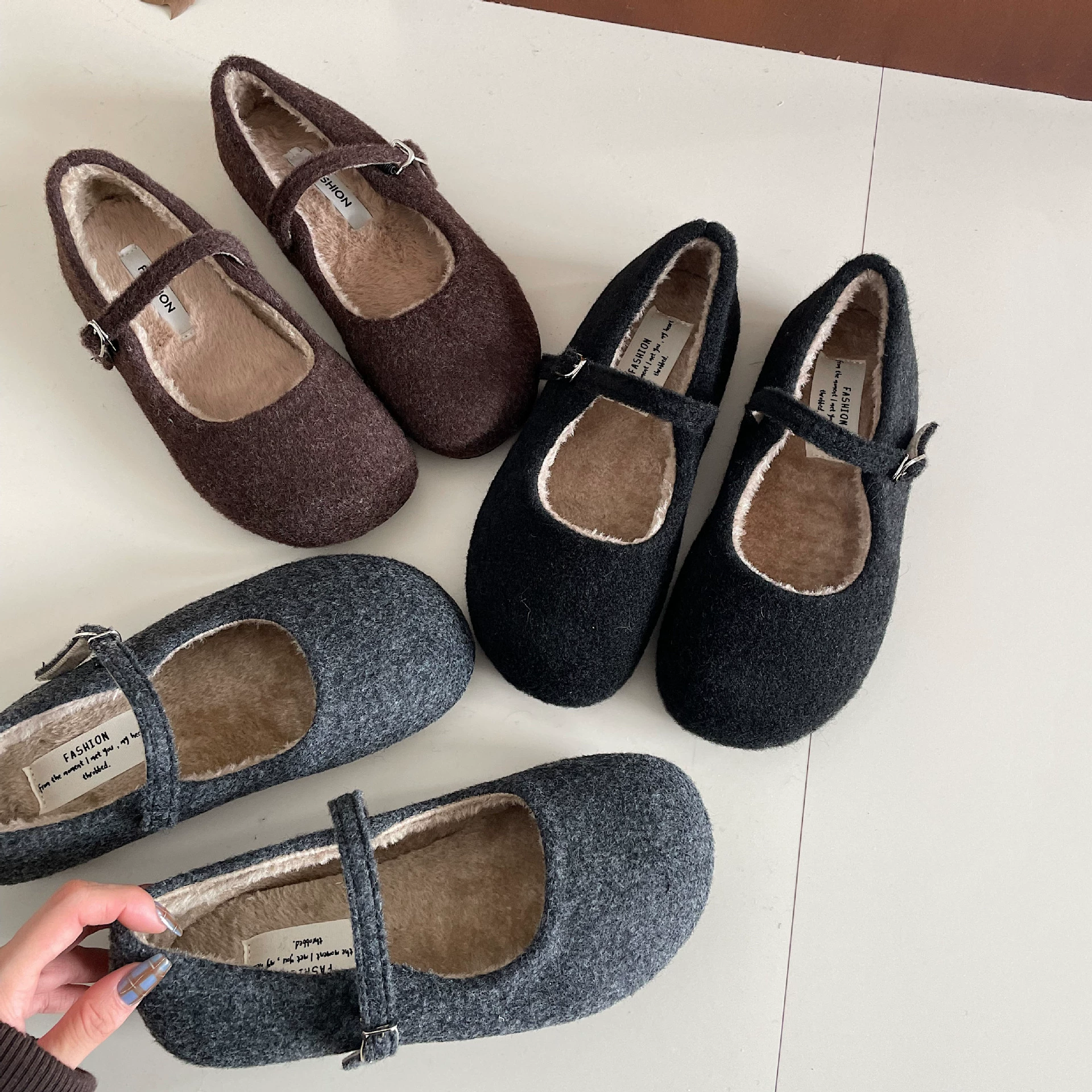 Фея иностранные меховые туфли женские зимние носить французский вечерний ветер темперамент дамы плюс бархат Мэри Джейн однотонные хлопковые туфли на плоской подошве