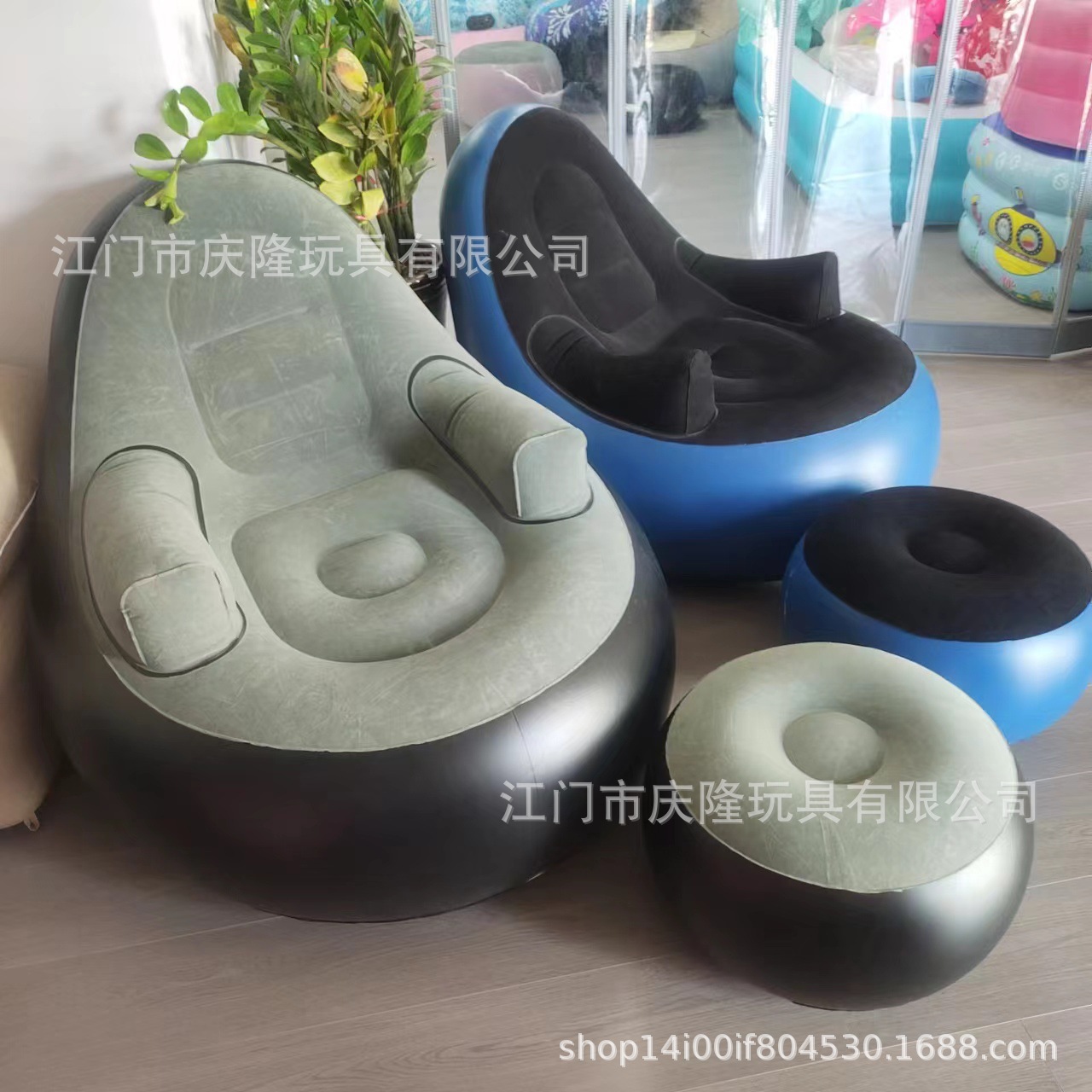 Nuevos productos de stock flocado sofá inflable acampado al aire libre una sola persona clásico gris sillón cama inflable de PVC portátil