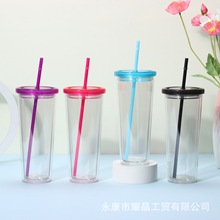 大容量可乐罐吸管杯便携车载骑车杯随行奶茶杯双层耐高温塑料杯
