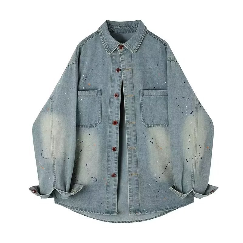 Xxj Spring and Autumn Design Vintage Couple Jacket Loose Paint Dot Thin Denim Shirt Top for Women Trendy Lightweight Style