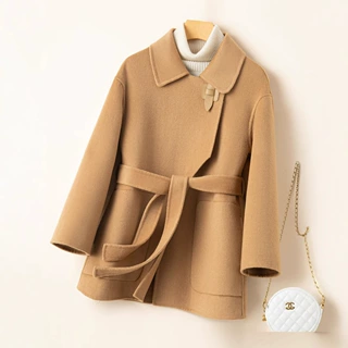 2024秋冬新系带显瘦方领纯羊毛呢子毛呢外套双面羊绒大衣女小个子