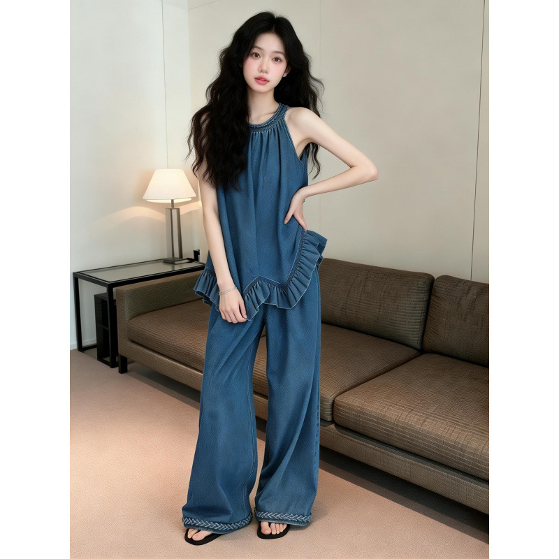 Hand-Knitted Halter Neck Washed Denim Top with 3D Cloud Hem and Wide-Leg Pants Set for Women's Casual Outfit