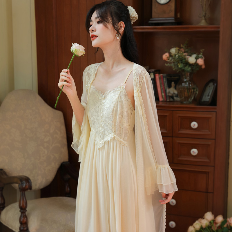 Long-Sleeved Nightgown for Women, Autumn Breast Pads, Suspender Skirt, French Palace Style Pajamas, Mesh Dressing Gown, Outer Wear Home Wear Suit, Spring