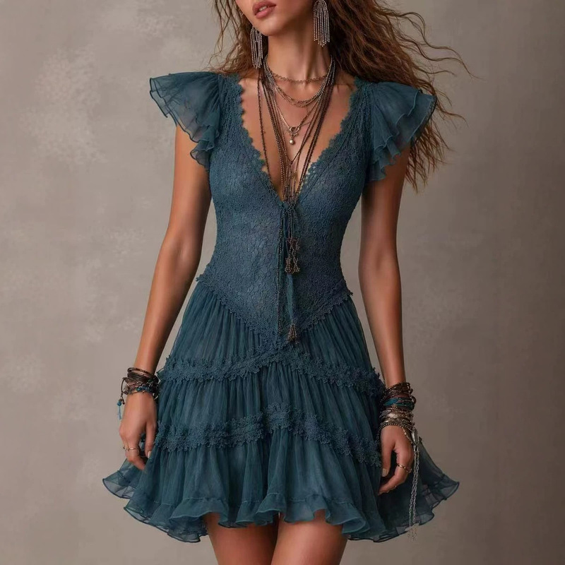2026 European and American Style Lace Flutter Sleeve Dress for Women, Waist-Cinching Layered Tulle Cake Dress 2026 European and American Style Lace Flutter Sleeve Dress for Women, Waist-Cinching Layered Tulle Cake Dress