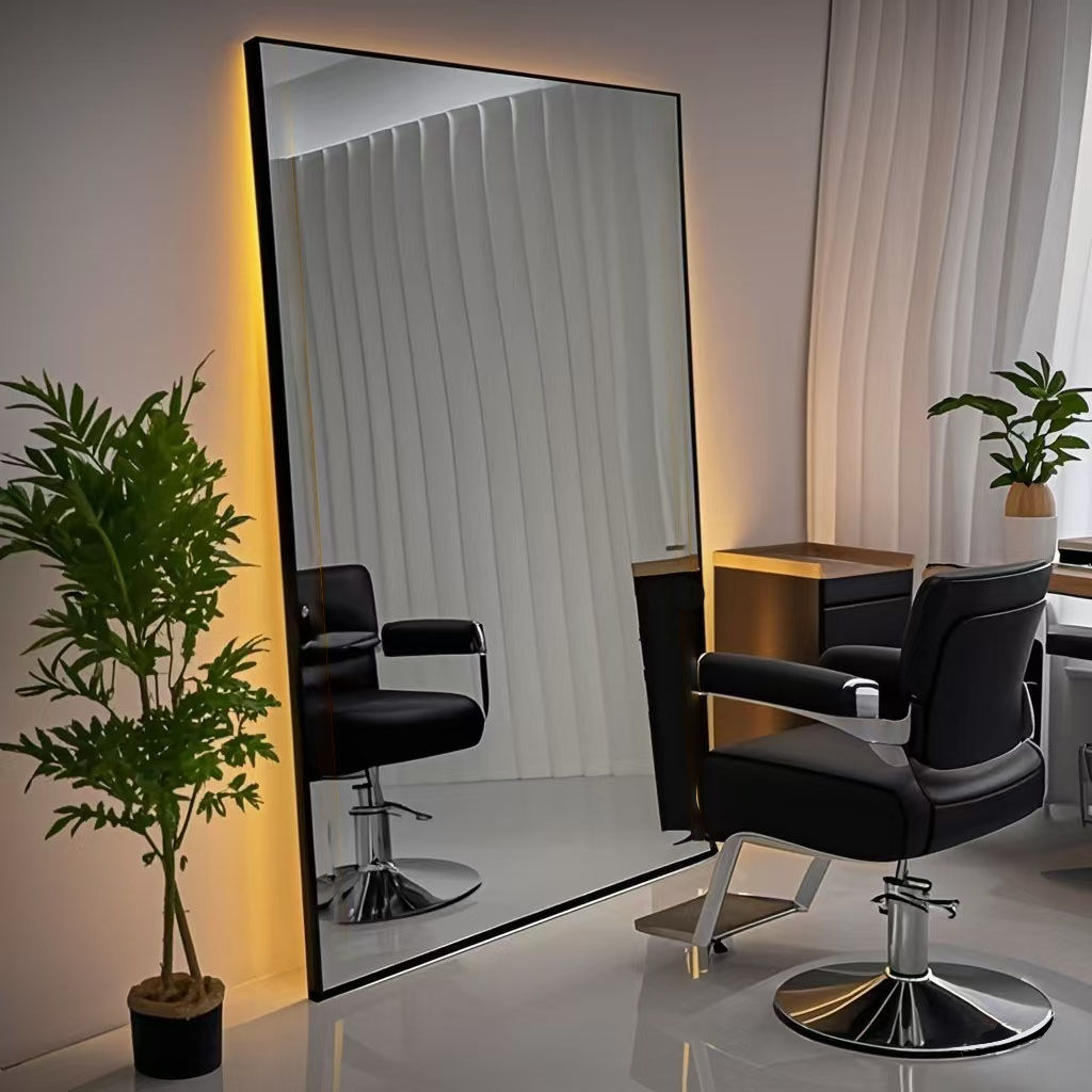 Barbería espejo salón especial de corte de pelo piso salón de espejo mesa de aleación de aluminio simple y doble cara con lámpara espejo barbería