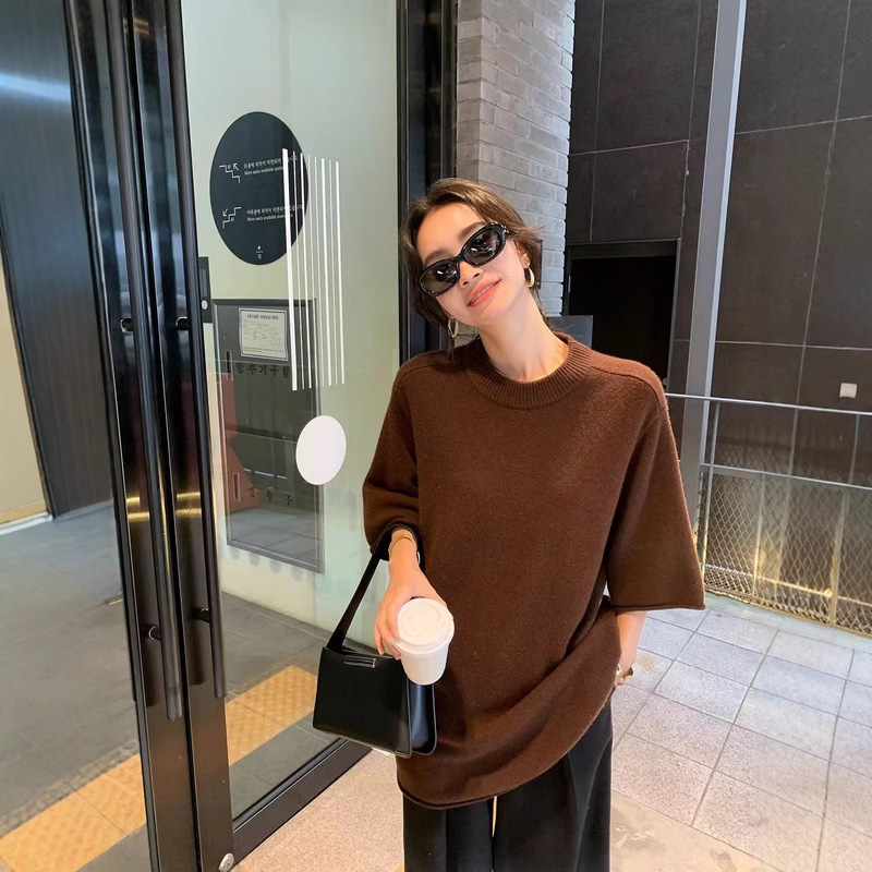 Off-Shoulder New Early Autumn Fashion Casual Round Neck Slimming Mid-Length Short-Sleeved Wool Covering Flesh Lazy Style Threaded White