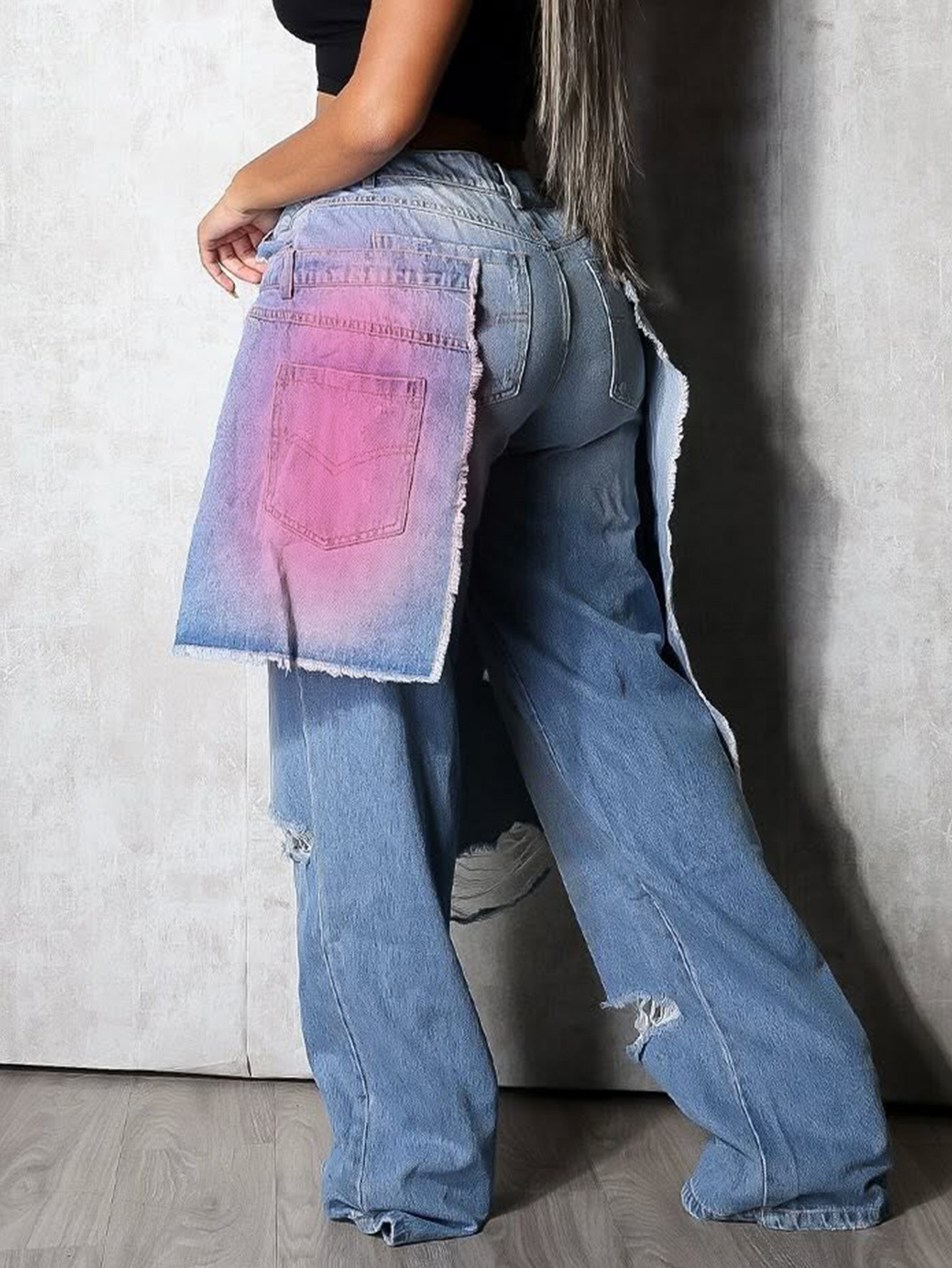 YL2568 Autumn/Winter European And American Women's Fashion Washed Ripped Spray-Dyed Loose Stretch Denim Patchwork_ecoleips.com