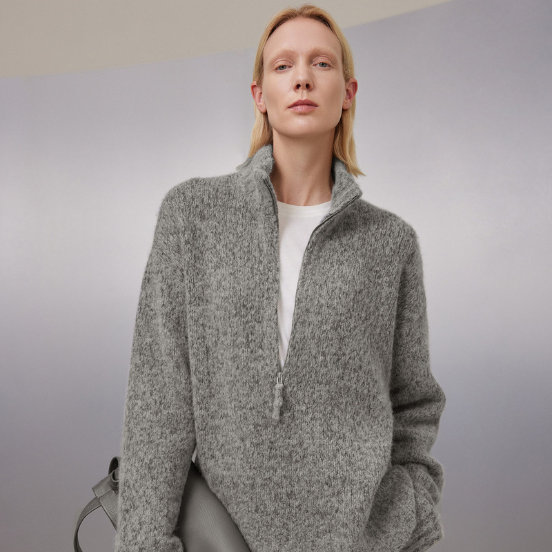 Row Heavyweight Floral Yarn Pure Cashmere/Baby Yak Wool Alpaca Loose Fit Slimming Half-Zip Polo Silhouette Sweater