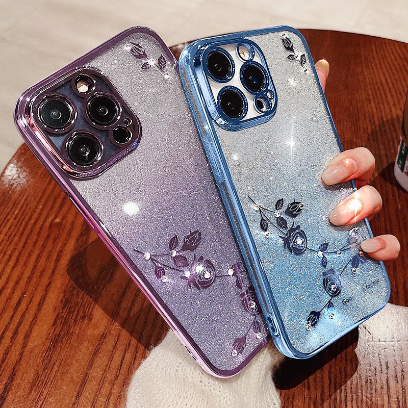 适用iPhone16手机壳镶钻渐变闪粉苹果15pro电镀永生花14水钻3软壳